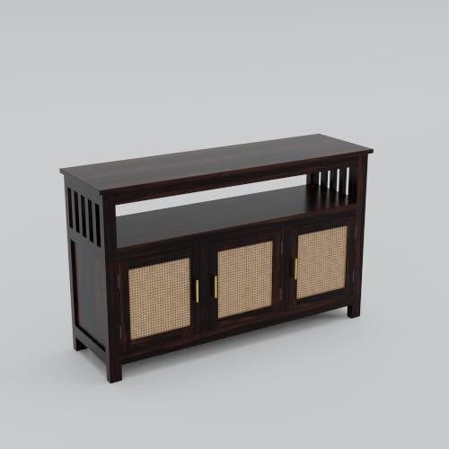 Image of Solid Sheesham Wood Sideboard for Living Room with Cane Doors | 3-Door Storage Unit with Open Shelf | Buffet Cabinet for Dining Room, Entryway & Hallway | Walnut Finish | 140 x 40 x 82 cm