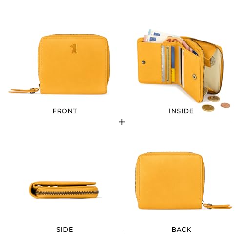 Image of BERLINER BAGS Genuine Leather Small Wallet Women Sara, Gift Box - Yellow | Soft Leather Bifold Zip Wallet, Fits Purses & Crossbody Bags, 8 Card Slots, Zipped Coin Pocket, RFID Blocking