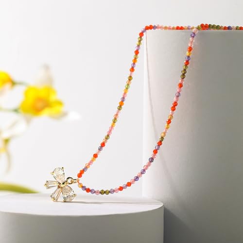 XIJIN Colorful Beaded Necklaces for Women,Boho Beach Bow Zircon Bead Necklaces Dainty Womens Necklace Gold Choker for Women Adjustable4