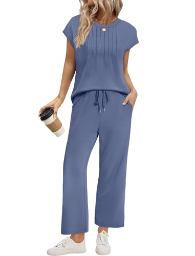 Image of Sampeel Two Piece Sets for Women Summer Vacation Outfits Cap Sleeve Tops Lounge Matching Sets Women Clothing