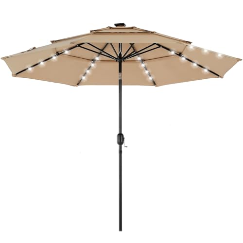 DUMOS 10FT 3-Tier Patio Outdoor Umbrella with Solar 32 LED Lights and Tilt Adjustment for Garden Deck Backyard Pool and Beach Khaki
