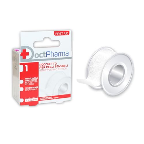 Doctpharma Rocchetto TNT Bianco 5m x 2,5cm – Nastro per Medicazioni Ipoallergenico per Pelli Sensibili, Dermatologicamente Testato, Ritagliabile a Mano