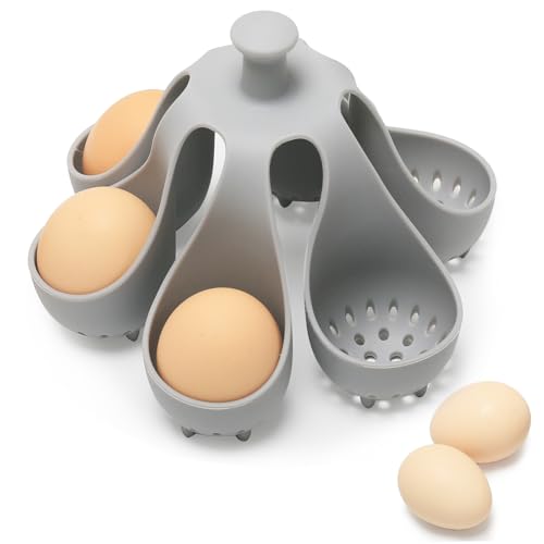 Dacthuw Silicone Egg Boiler Rack for Hard Soft Boiled Eggs, Food Grade Silicone Egg Boiler Cooker with 6 Holders, Kitchen Gadget for Cooking/Serving Eggs with Handle, Dishwasher Safe
