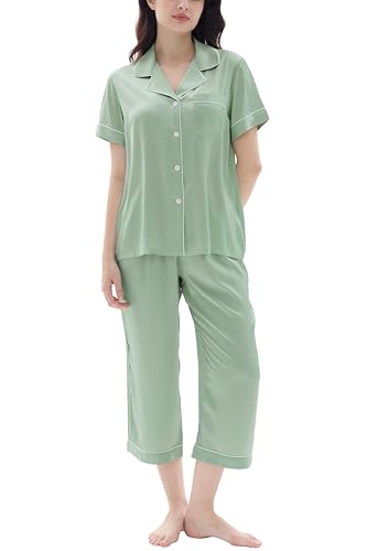 Joyaria Women's Satin Capri Pajama Sets Soft Matte Silk Sleepwear Short Sleeve Button Down Pjs Lightweight Comfort Loungewear(Sage Green,M)