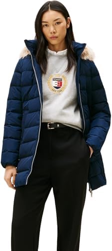 Tommy Hilfiger Damen Daunenmantel Down Slim mit Fellbesatz, Blau (Dark Night Navy), XXS