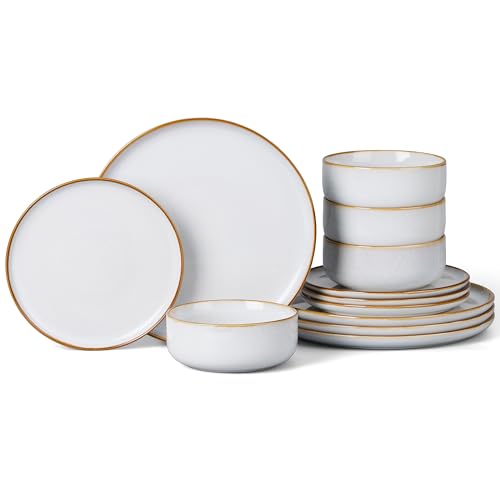 Onader 12 Piece Dinner Set, Reactive Glaze Stoneware Dinnerware for 4 People, Elegant Plates and Bowls Sets for Kitchen Christmas Camping, Scratch Resistant, Microwave & Dishwasher Safe - Daisy Beige