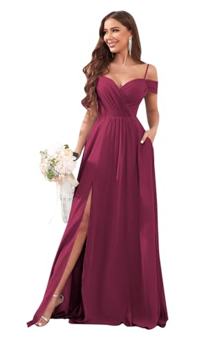 Image of Sukleet Women's Off Shoulder Bridesmaid Dresses Long Slit Chiffon Pleated Evening Formal Dress with Pockets