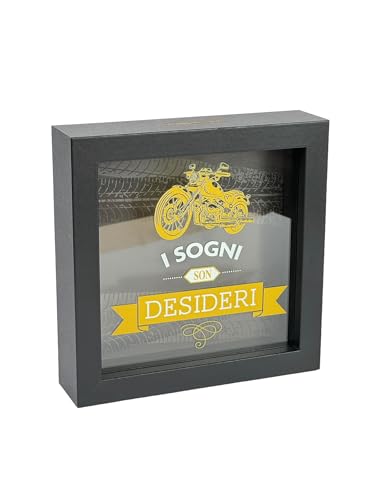 Salvadanaio Decorativo 'I Sogni Son Desideri', Cornice Nera 16x16 cm, Motivo Moto