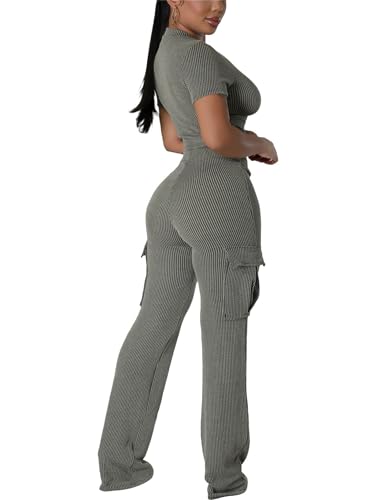 CALEBGAR Women 2 Piece Outfits Sexy Wide Leg Cargo Pants Sets Short Sleeve Ribbed Tops3