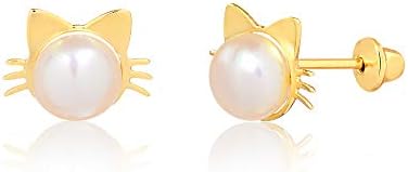 18k Hypoallergenic Solid Yellow Gold Cat Face Button Rose Freshwater Cultured Pearl Push Backs Stud Earrings for Babies, Girls, and Infants. (6 mm)