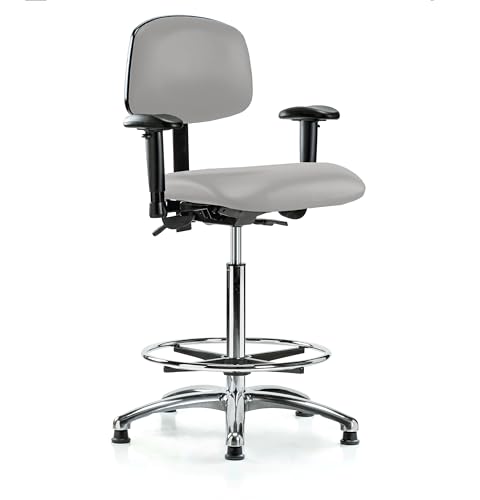 Image of Perch Chrome Stationary Multi-Task Office Chair with Adjustable Armrests and Foot Ring | High Bench Height 24-33.5 inch | Grey Vinyl