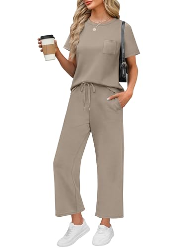 WIHOLL 2-teilige Sets für Frauen, lässige Sommer-Reise-Urlaubs-Outfits, Kurzarm, weite Beine, bauchfreie Hosen, Lounge-Sets mit Taschen, coffee, S