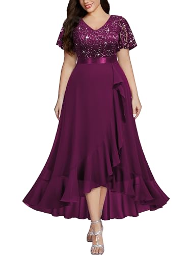 MISSMAY Women's Plus Size V Neck Sequin Lace Butterfly Sleeves Formal Evening Party Long Dress