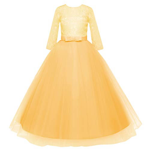 Image of Girls Flower Vintage Floral Lace 3 /4 Sleeves Floor Length Dress Wedding Party Evening Formal Pegeant Dance Gown