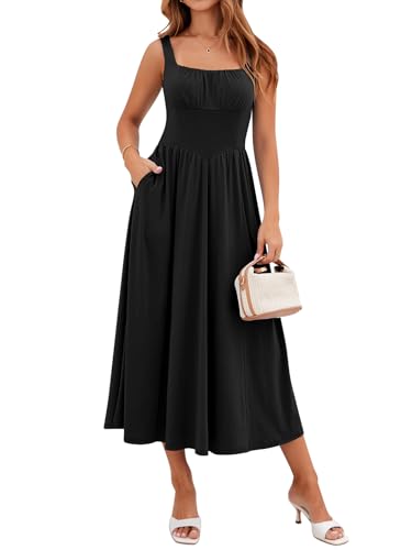 Image of YATHON Women's Summer Floral Midi Dress Casual Square Neck Flowy Wedding Guest Dresses Beach Vacation Sundress with Pocket