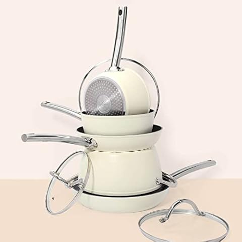 8pc Forged Aluminium Pan Set | Nonstick & Scratch Resistant Ceramic Coating Cookware | Cream Cover