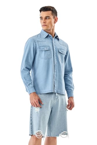 Image of SNITCH Men Casual Shirt | Regular Fit Long Sleeve Spread Collar Solid Pattern | 100 Percent Cotton Fabric & Durable Denim Shirt for Men & Rugged Men's Fashion Top