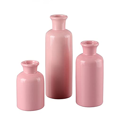 Lot de 3 vases roses élégants en céramique pour décoration, vase rustique moderne pour bibliothèque, salon, bureau