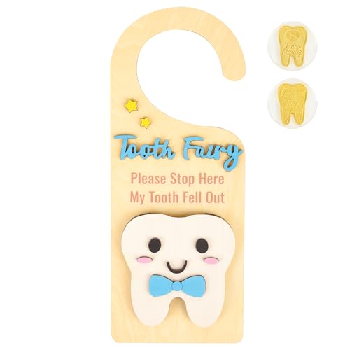 Tooth Fairy Door Hanger Kit for Kids – First Lost Tooth Gift Set with Wooden Door Sign, Pouch, Gold Coins &amp; Tooth Bottle, Magical Tooth Fairy Visit Keepsake
