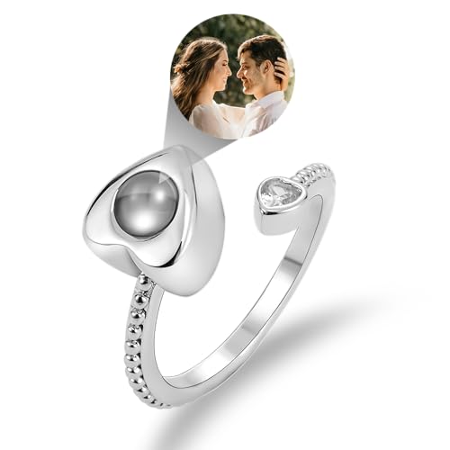 EMIRISTIC Pesonalized Photo Heart Ring with Customized Picture inside - Custom Sentimential Gifts for Valentine's Day Birthday Anniversary Any Special Day