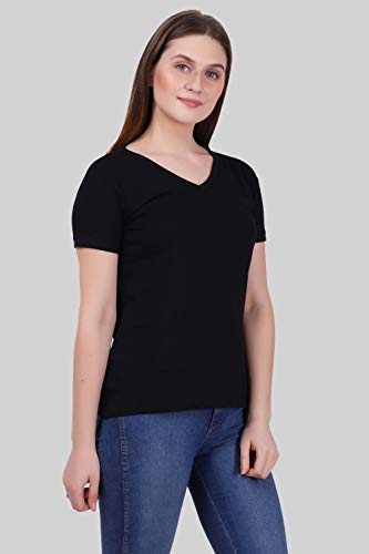 Image of FLEXIMAA Women's Cotton Plain V Neck Half Sleeve T-Shirt