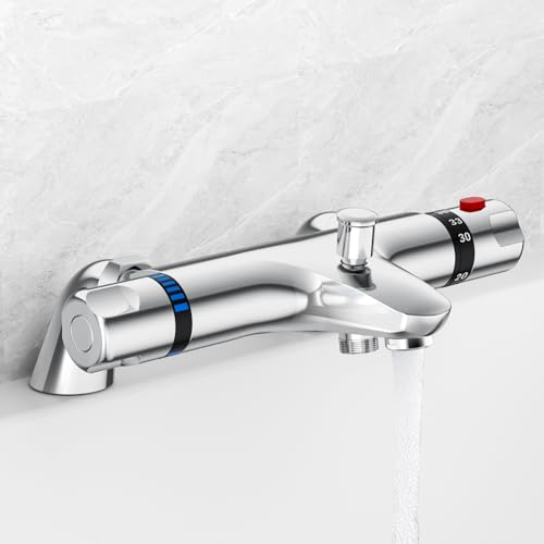 CURUK Thermostatic Bath Shower Mixer Tap - Anti-Scalding Valve Safe 38C Limit Solid Brass Deck Mounted Shower Mixer Bar G 3/4 Inlets & G 1/2 Outlet - Chrome