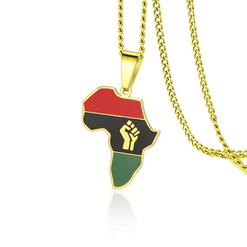 VASSAGO Fist Power in Pan African Necklace for Women Stainless Steel Colored Africa Map Pendant Necklace Africa Map Continent Hiphop Jewelry Gift for Men (Gold Fist Pan Africa Map necklace)