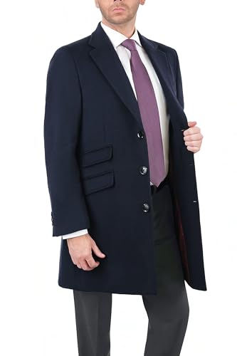 THE SUIT DEPOT Regular Fit Solid Navy Blue Wool Cashmere Blend 3/4 Topcoat With Ticket Pocket4