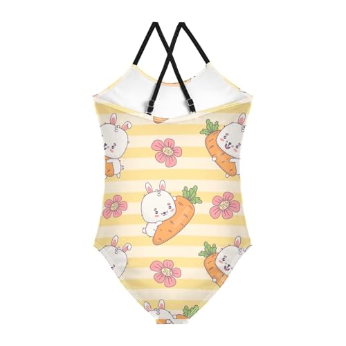 Girls One Piece Swimsuits Bunny with Carrot on Striped Sport Halter Swimwear Beach Bathing Suit, 5-6T2