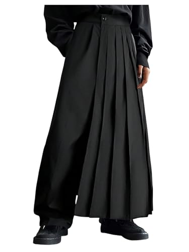 OYOANGLE Men's Skirt Pants Loose Wide Leg Asymmetrical Pleated Japanese Harajuku Kimono Trousers