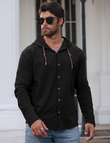 Mens Cotton Linen Button Down Hoodies Long Sleeve Casual Beach Tops Lightweight Fashion Shirt2