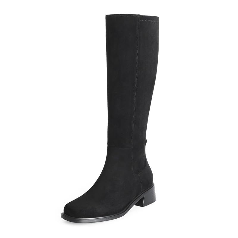 Image of QIY Knee High Boots for Women Low Heel Flat Tall Boots | Stretch Boots, Chunky Heel Womens Boots, Square Toe Heeled Fall Winter Dress Riding Long Boot with Side Zipper