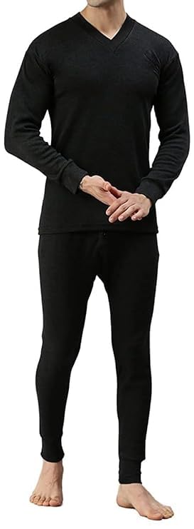 Men's Thermal | Winter Innerwear Set| V-Neck Long Sleeve Top and Bottom | Black | Skin Friendly with Superior Heat | Slim Fit Solid Thermal Set-picture-52