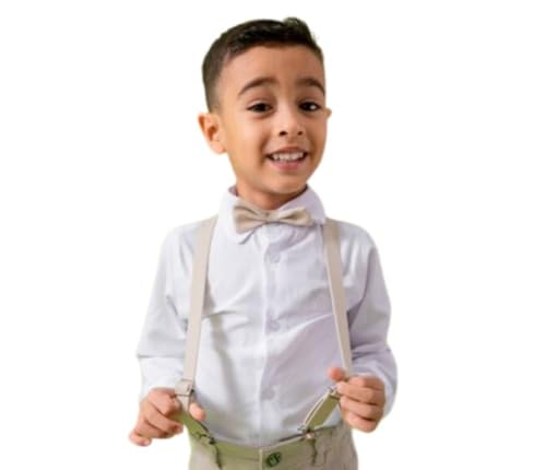 Camisa Social Infantil Branca Manga Longa Suspensório Bege Gravata P, M e G 1 Ao 8 (4)