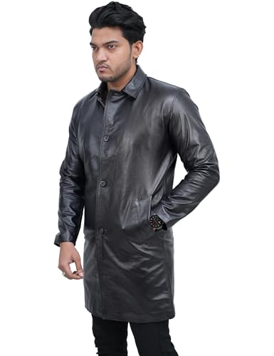Image of Apurbo 100% Lambskin /cowskin Black leather coat men Trench Car Coat Mens With a Polyester Lining and Jecket Filling Warmth