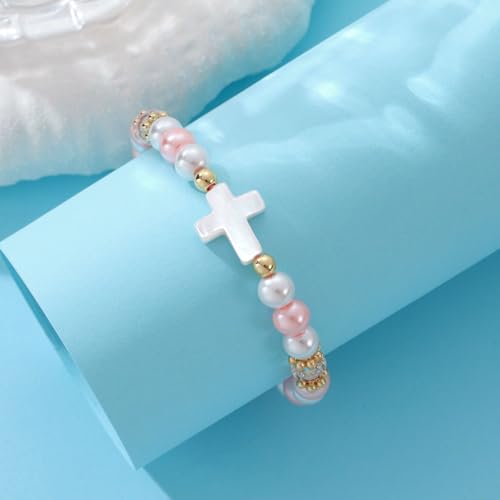 Image of Cross Pearl Bracelet, First Communion Gifts, Baptism, Easter Gifts for Teen Girls, Faith Christian Religious Bracelet for Girls