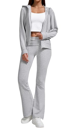 YETOWA Women's 2-Piece Lounge Outfit-Lightweight Zip-Up Hoodie with Pockets & Low Rise Flare Leggings Yoga Sweatsuit Set
