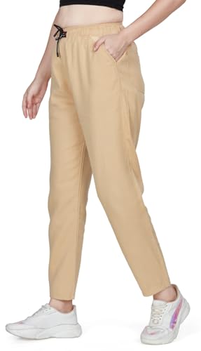 Image of TWGE - Women's Mid Rise Straight Fit Pants - Relaxed Fit Cotton Trousers with Drawstring Waist - Lightweight Everyday Wear