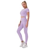 Sport Set Damen Sport Bh Starker Halt Crop Tops+Leggings Leggins/Radlerhose Shorts Gym Zweiteiler Outfit Workout Frauen Sportsachen Yoga Kleidung Sportanzug Fitness Bekleidung Lila-Lang M