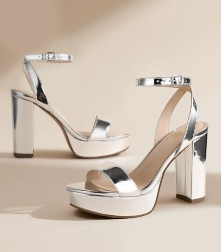Image of Ankis Platform Heels for Women 4 Inches Chunky Heels Sandals for Women Comfy Open Toe Block Heeled Sandals Nude White Silver Gold Black Ankle Strappy Heels