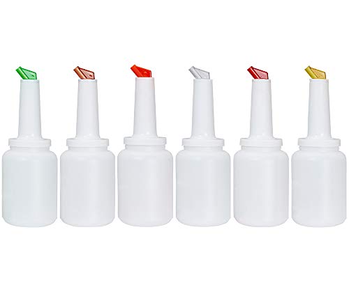 (Set of 6) Store and Pour 2 Qt. Bottles with Spouts and Caps (Colors: Red, White, Yellow, Green, Orange, Brown) 64 oz Flow-N-Stow Bar Fruit Juice/Liquor Storage Containers, Bartender Kit by Tezzorio
