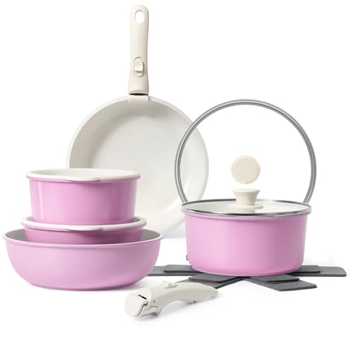 SODAY 15Pcs Pots and Pans Set Non Stick, Cookware Sets with Detachable Handle, Nonstick RV Kitchen Cooking Tools Removable Handles, Oven Safe, Induction Fast, Stackable Induction Cookware, Pink