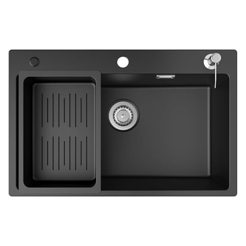 CECIPA Evier Cuisine 1 Bac 70x45x20 cm, Évier En Granit avec Grand Bassin, Lavabo Cuisine Avec Siphon & Trop-Plein, Évier à Encastrer des sous-meubles...