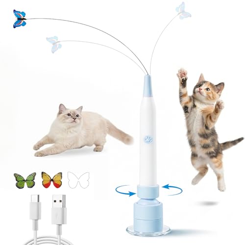 Interactive Cat Toys for Indoor Cats - Electric Cat Wand Toy with Butterfly Self-Play & Handheld Dual Mode USB Rechargeable with Strong Suction Base Smart Motion Activated Enrichment Cat Toy Blue