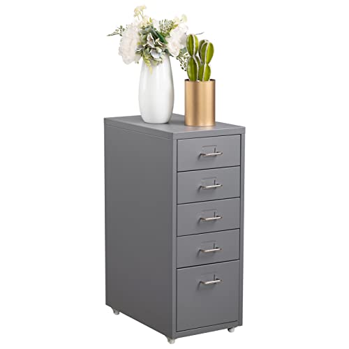 HollyHOME Caisson Métallique à 5 Tiroirs, Organisateur de Classement Roulant pour Bureau, Meuble de Rangement Moderne avec Roulettes pour Maison et Bureau, Gris