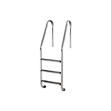 Échelle 3 marches en acier inoxydable pour piscine enterrée. Tube ⌀ 43 mm en acier inoxydable Main courante 3 marches en acier inoxydable AISI-304 Livrée complète avec ancrage de fixation à sceller et enjoliveur inox Conforme à la norme EN 16582-1 Incompatible avec traitement au sel