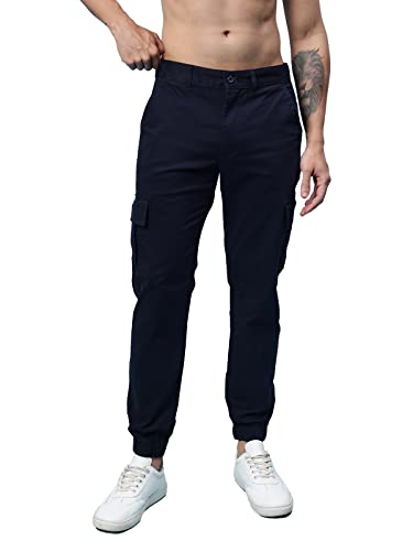 Image of Veirdo Cotton Spandex Non-Elasticated Mid Rise Navy Blue Ankle Length Joggers for Men (VJR0223NYCT016)