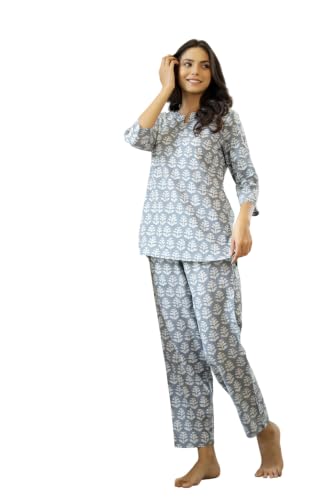 Image of SANSKRUTIHOMES Women's Premium 100% Cotton Printed Co-Ord Set | Short Sleeve Shirt & Pant Set | Pink Checkered Sun & Palm Tree Print | Casual Summer Resortwear, Vacation Wear & Comfortable Loungewear