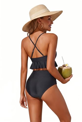 Image of Tempt Me Women High Waisted Ruffle Bikini Set Two Piece Swimsuits Flounce Tummy Control Bathing Suit