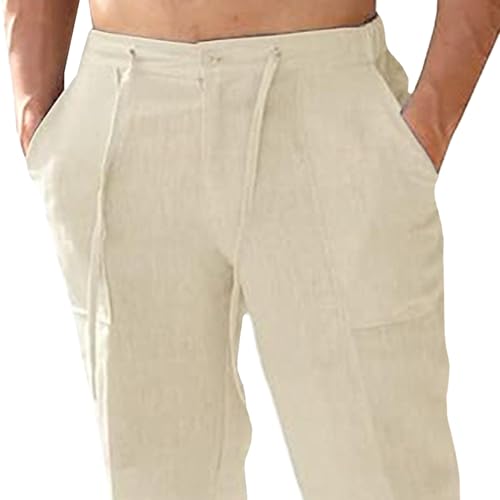 Men’s White Linen Pants Elastic Waist Drawstring Loose Fit Summer Beach Casual Trousers4